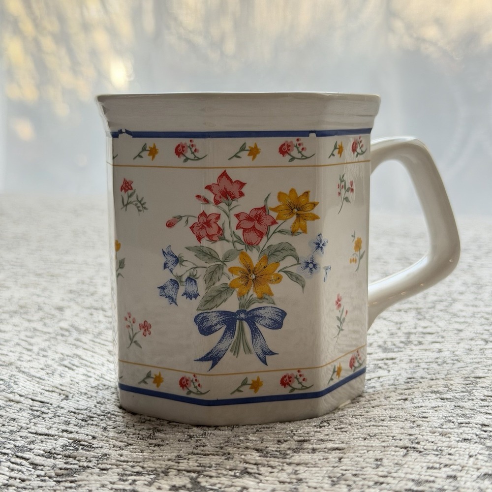 Rare Vintage Octagon Floral Coffee Mug Tea Cup Hexagonal Octagonal Ceramic